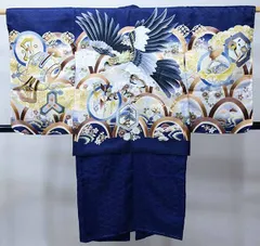 七五三 五歳 男児 羽織・着物・襦袢3点セット L寸 金刺繍 豪華絢爛 綸子地 濃紺地 鷹 お仕立て無料 祝着 NO38771-2