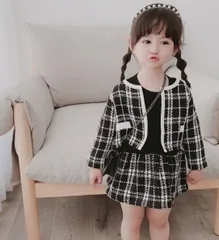 女の子 入園　卒園　入学　フォーマル チェックワンピース セットアップ 黒 面接 結婚式