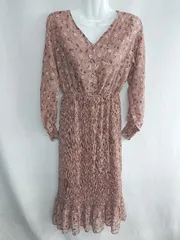 ◇ ⊂ one after another NICE CLAUP 花柄 ウエストゴム 長袖 ロング ワンピース サイズF ピンク系 レディース E  【1409240029526】