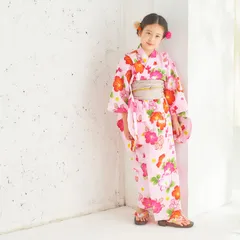 【浴衣 単品】キッズ 子供 ゆかた ピンク 椿 金魚 花柄 100〜150cm P11