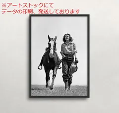 mz ポスター A3 (A4も可) カウガールウォールアート 白黒アート ヴィンテージウォールアート 女の子と馬 馬のウォールア
