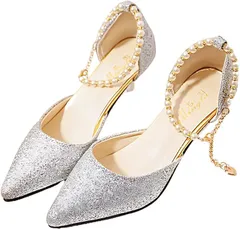 OZBERLI レディース パンプス 美脚 ハイ ピン ヒール 6cm 結婚 式 パーティー おしゃれ 可愛い パール ストラップ 華やか 女性 ドーセイ 結婚式 ハイヒール 大人(シルバー,  23.0 cm)