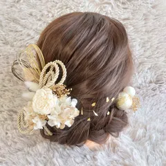 ヘッドドレス 髪飾り＊結婚式 成人式 卒業式 和装 打掛 振袖 袴~ソラローズ 和玉 ロープ 水引 金箔~ゴールド 金 ホワイト 白 15本