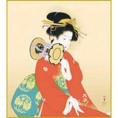 [Shikishi (decorative paper board)] Reproduction of Uemura Shōen's "The Sound of the Drum" - Shikishi, Special Craft Painting, Portrait, Beautiful Woman, Japanese Painting, Masterpiece, Artwork, Replica SKS-K10-016