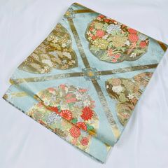 袋帯　正絹　美品　六通柄　斜め格子に草花模様織り出し