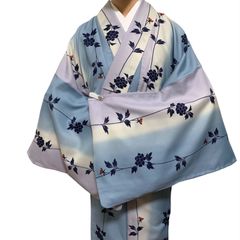 R-1290　着物　単衣　小紋　裄68センチ　ポリエステル100％　L　レディース