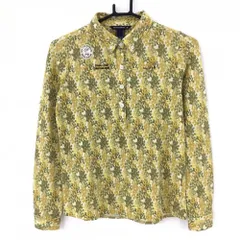 【超美品】ゾーイ 長袖ポロシャツ イエロー×グリーン 花柄 ボタンダウン ラインストーン レディース 36(S) ゴルフウェア ZOY