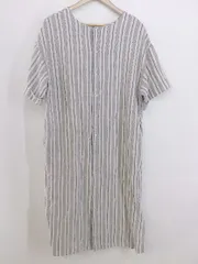 ◇ CRAFT STANDARD BOUTIQUE リネン混 ストライプ 半袖 膝下丈 ワンピース サイズF アイボリー グレー系 レディース P  【1211110002313】