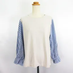 シューラルー SHOO・LA・RUE カットソー 長袖 キャンディースリーブ 丸首  ドッキング 異素材 ストライプ L ライトベージュ ※EKM