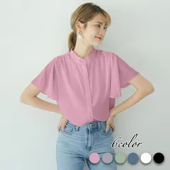 -Sunshop- ラッフルスリーブ ブラウス レディース 半袖 シフォン トップス スタンドカラー 透け感 袖フリル 楊柳 シャツ きれいめ 仕事 可愛い ☆pink☆ /全国送料無料/ /在庫限り/ /安心の追跡付き配送/♠