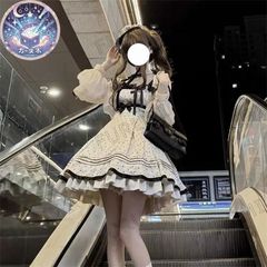 星【新品未使用】2025新作 白黒ドット柄 フリルリボン付き プリンセス風 ワンピース 小柄女子向け 着痩せ スウィートロリータ シングルスカ