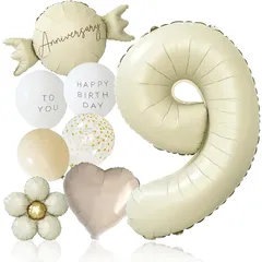 【新品】 deerzon くすみホワイト 9歳 くすみカラー 数字 バルーン 誕生日 飾り付け 10点 セット 大きい 65cm くすみ ニュアンスカラー ナンバーバルーン バースデー 0