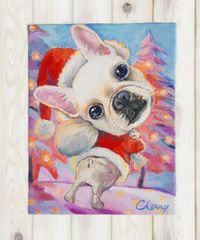 『　小さなサンタさん　』　油絵　油彩画　犬　手描き