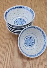 天保三年正月 墨書古桐箱入り 市松丸窓山水染付 蓋付茶碗セット茶碗20