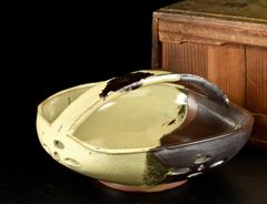 W767 花入 『織部 釣舟 花入』『松本鐵山 造』 共箱 花器 茶道具