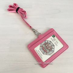 【横型】パスケース・カードケース ネックストラップ付 IC/IDカード 定期入れ クリア窓 社員証 ピンク