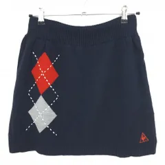 【美品】ルコック ニットスカート ネイビー×レッド 一部アーガイル柄 ウール混 ウエストゴム  レディース 9 ゴルフウェア le coq sportif