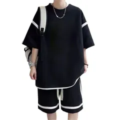 XL_16#ブラック [BUTMYJ] メンズ Tシャツ 半袖 上下 セット 大きいサイズ ゆったり おしゃれ ジャージ 上下 スウェット 服 トップス ハーフパンツ ショート パンツ アップ 無地 快適 スポーツウェア セットアップ 夏服 部屋着夏服 -bl