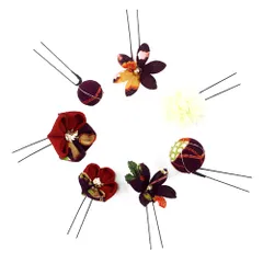 髪飾り 成人式 つまみ細工 振袖 前撮り 袴 花 7点セット 紫 臙脂 赤茶 白 ゴールド ちりめん 玉飾り 和柄 かんざし シック 洋 No.9-5159