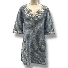 Bel Paci ベルパーチ 半袖ミニワンピース ラメツイード ニットワンピース チュニック  スパンコール パール コサージュ 花モチーフ Vネック 青 白 ブルー ホワイト サイズ1 レディース 夏 ゴーゴー古着久喜倉庫店 23 No.673