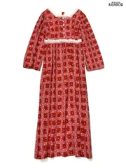 古着 レース 花柄 ペイズリー柄 ロング丈 長袖 ワンピース 赤 (otu2404012)
