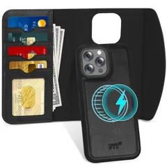 【在庫セール】耐衝撃 ワイヤレス充電対応 Qi カード収納 高級PUレザーケース スマホケース 内蔵マグネット 取り外し可能 分離式 2way 両用 背面ケース (ブラック) 手帳型ケース FYY MagSafe対応 ケース Max iPhone14Pro