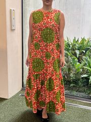 アフリカ布 ツバメ柄 七分袖ミモレ丈 クラッシックワンピース - メルカリ