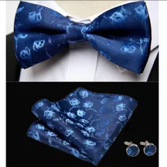 格安　3点セット 蝶ネクタイ　カフスチーフ ポケットチーフ 結婚式　発表会　七五三お祝い　イベント パーティー ダンスパーティー 　卒園式　卒業式　入学式　入社式　父の日　ワンタッチ　ネイビー色　紺色　ブルー色　花柄　 スーツ　メンズネクタイ チーフ カフス