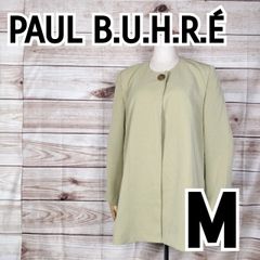 日本製　美品　PAUL  B.U.H.R.　ポールビューレ　ノーカラージャケット　レディース　肩パッド付き　左右スリット　М　Мサイズ 　ベージュ　グリーン　うぐいす色 　春　(5823 bbb500)