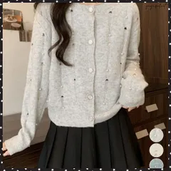 パール付き ニットカーディガン大人可愛い レディース ダメージニットトップス クルーネックニットセーター カジュアルきれいめ ガーリーニット羽織り春秋冬 韓国風 前開きニットウェア パールボタン 快適 おしゃれニット秋服