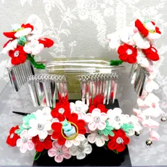 髪飾り・かんざし つまみ細工 丸つまみ 勝山かんざし 3点セット 赤 ピンク 白 花 女児用 和装 ヘアセット 七五三 お正月 ひな祭り 未使用品