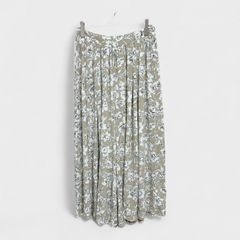 【美品】【ガウチョパンツ】『ワイドパンツ』[花柄] 薄手 ベージュグレー系 ウエストゴム (M) 商品A2343 管理D