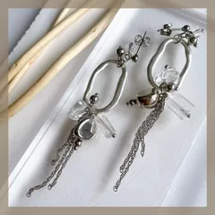 モードデザイン＊ニュアンス マットメタル チェーン モード ハンドメイドピアス イヤリング 天然石 クリアビーズ アレルギー対応