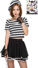 Madrugada(マドルガーダ) 囚人 囚人服 スカート タイプ 手錠＆手袋付き コスプレ コスチューム ハロウィン タトゥーシール付き2点セット レディース S753(白、黒,  Mサイズ)