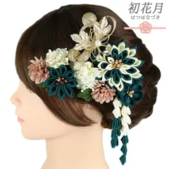 髪飾り 成人式 振袖 2点セット 青緑 ターコイズブルー 白 緑 ゴールド つまみ細工 剣つまみ さがり 水引 玉飾り 組紐 和柄 ビー No.9-5481