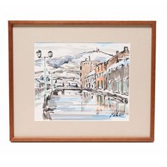 坂元輝行「小樽運河」水彩画　額縁外寸44.0ｘ36.5cm　厚み2.3cm 内寸42.4ｘ34.8cm（四ツ）絵28.5ｘ24.0cm[m-641]インテリア 壁掛け 額入り 額装込 アート リビング 玄関 プレゼント アートフレーム おしゃれ 【平和堂】