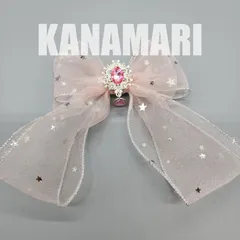 [113]シルバースパンコール付きゆめかわ夜空のシアーリボンのバレッタ（ピンク系）、50mmシアーリボン、ハンドメイド、大きなラインストーンのチャーム付き