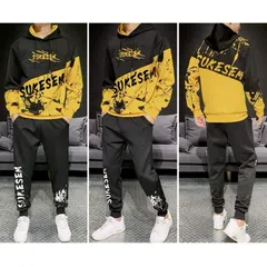 [Pahajim] スウェット パーカー セットアップ（2XL）イエロー ブラック メンズ 上下 長袖 カジュアル スポーツウェア ランニングウェア おしゃれ メンズ ファッション 秋冬