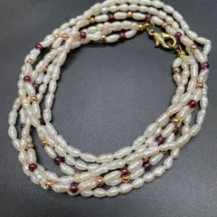 R286 本真珠 天然ガーネット パールデザイン ボリュームネックレス 3連ネックレス 約19g レディースアクセサリー ゴールドカラー