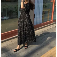 ☆ ブラック ☆ L ☆ ドット柄 ワンピース 半袖 ワンピース レディース ロング 半袖 ロングワンピース ワンピ おしゃれ かわいい ドット柄 水玉 薄手 夏 春 クルーネック ウエストリボン 後ろボタン ふんわり ゆったり フレア 通勤 通学 カジュアル