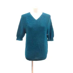 インディヴィ INDIVI ニット カットソー Vネック ラメ 七分袖 麻混 リネン混 38 青緑 ブルー グリーン /YK