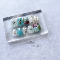 ネイルチップ 青 水色 成人式 振袖 和柄 花 フラワー