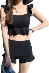 Maison de TAO 水着 ビキニ セパレート 2点 セット ビスチェ ショーパン フリル 伸縮性 レディース 黒( ブラック,  M)