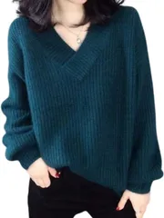 NEIMAN BY(ニーマンバイ) やわらか Vネック ニット セーター シンプル 無地 レディース( グリーン,  2XL)