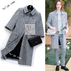 97万 シャネル コート CHANEL オリーブ ネイビー ホワイト ストライプ コットン ウール ツイード ロングジャケット 超美品 34  カールラガーフェルド