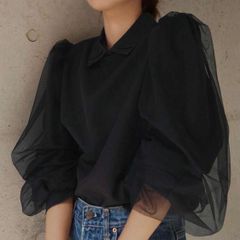 【着やせしやすい】パフスリーブ シアー ブラウス シースルーブラウス 透け感トップス シアーシャツ ブラック トップスL チュール生地 Tシャツ 高見え 着やせ お呼ばれ 結婚式お呼ばれ 綺麗めカジュアル ママブラウス ザラ イエナ アローズ