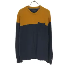 トミーヒルフィガー ロゴ刺繍 長袖 ウールブレンド セーター M イエロー系×ネイビー TOMMY HILFIGER クルーネック ニット メンズ 古着 【240324】