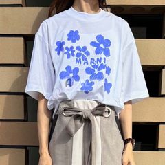 【2025春夏物モデル】MARNI マルニ THJET49P09 USCX40 D2W01 ホワイト コットン フラワープリント ロゴ Tシャツ カットソー 半袖 レディース　オーバーシルエット