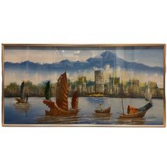 H43コレクション品✨油絵 香港 ビクトリアハーバ アンティーク