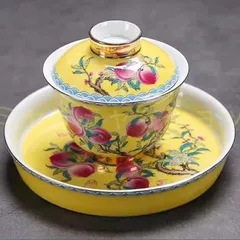 陶器 清朝粉彩桃柘榴蘭文黄杯 小杯 小碗 茶道具 煎茶 9101 中国